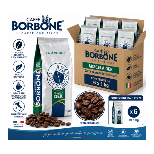 Caffè in grani, Borbone Dek 1kg - Confezione da 6 pezzi