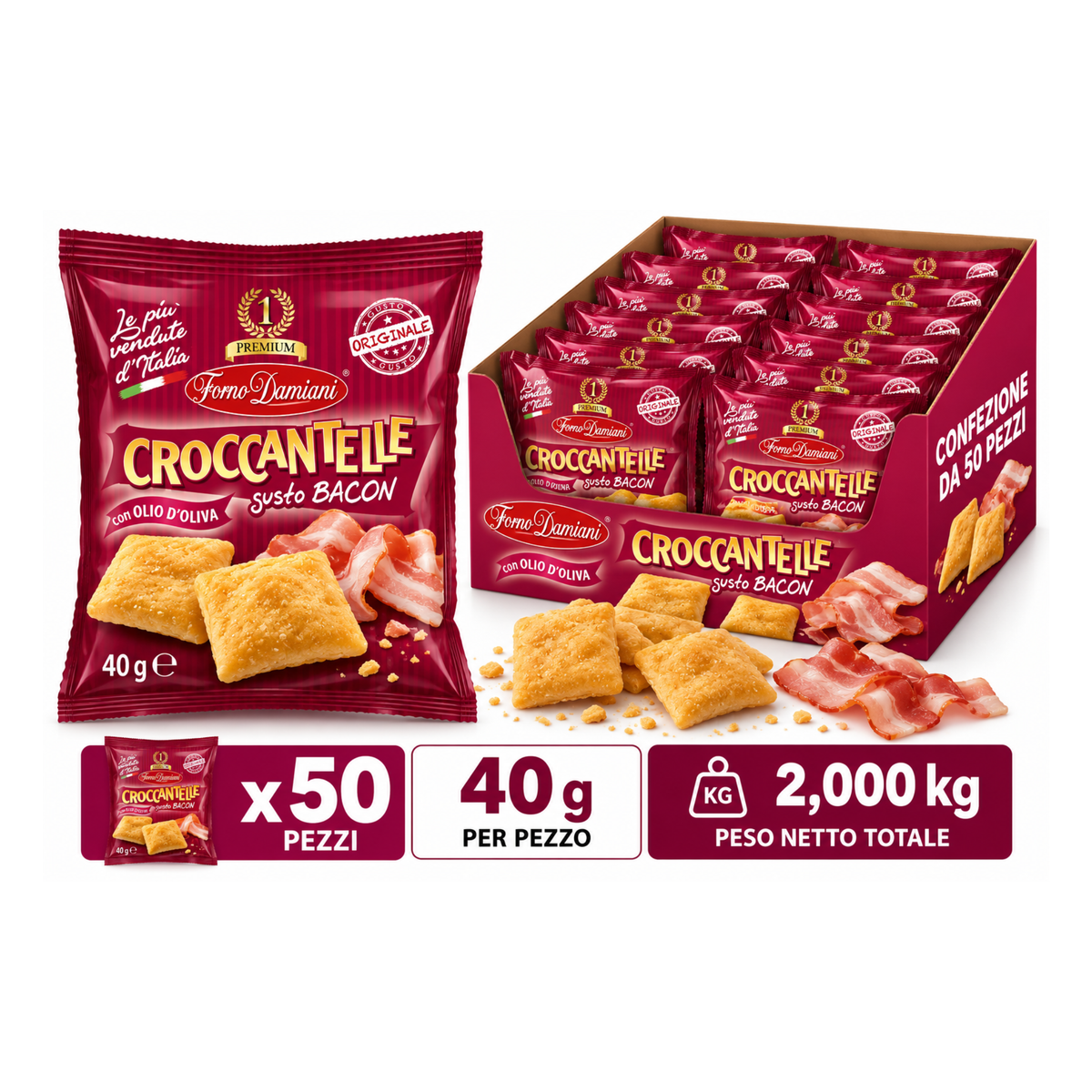 Croccantelle gusto bacon, Forno Damiani da 40gr - Confezione da 50 pezzi