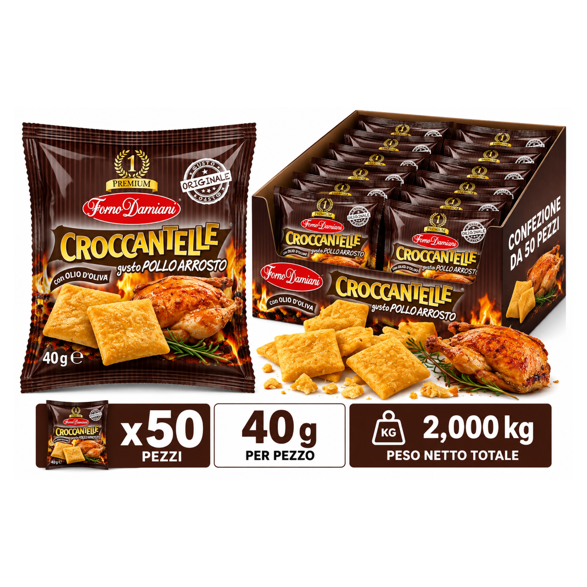 Croccantelle gusto pollo arrosto, Forno Damiani da 40gr - Confezione da 50 pezzi