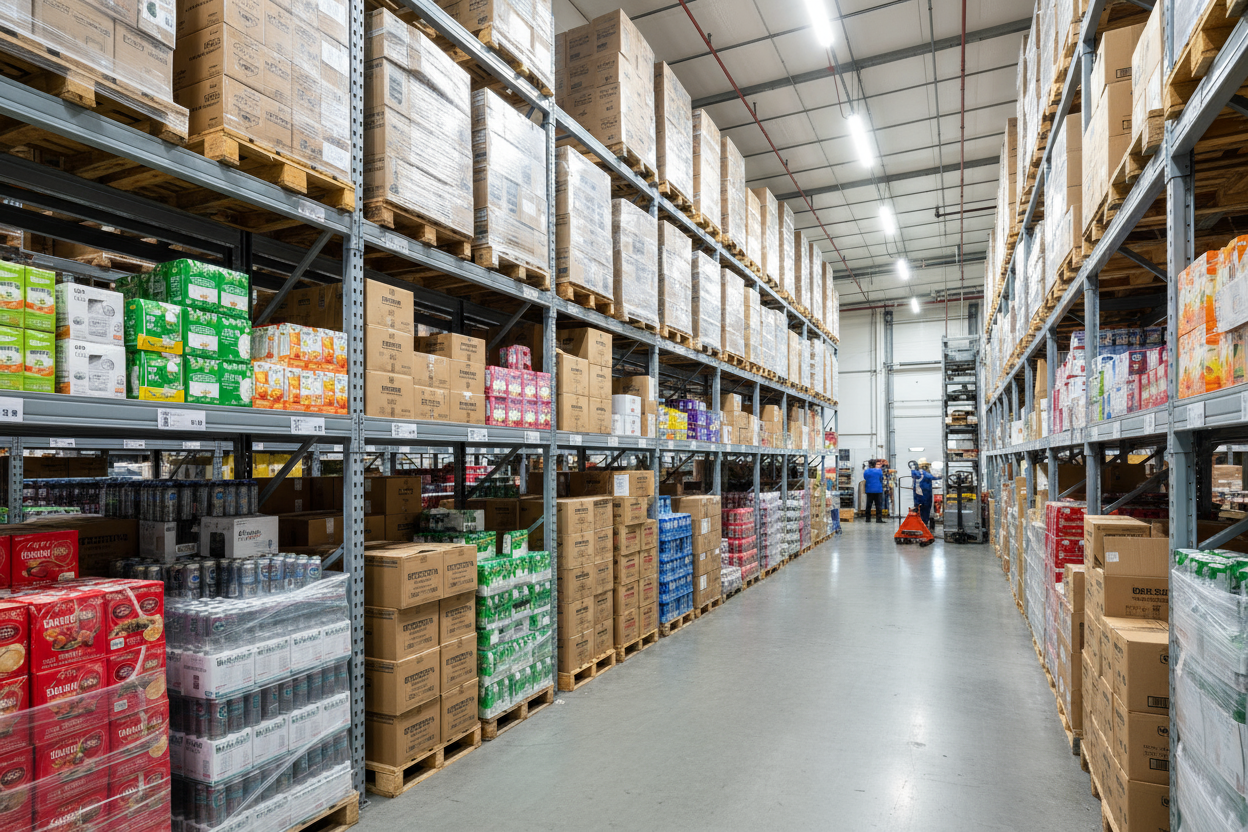 MAGAZZINO INGROSSO NON ENORME FAI VEDERE ALCUNI SCAFFALI CON I CARTONI CON BIBITE CHIUSE 